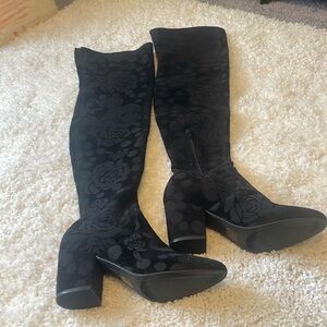 Black, thigh-high faux embossed velvet boots!